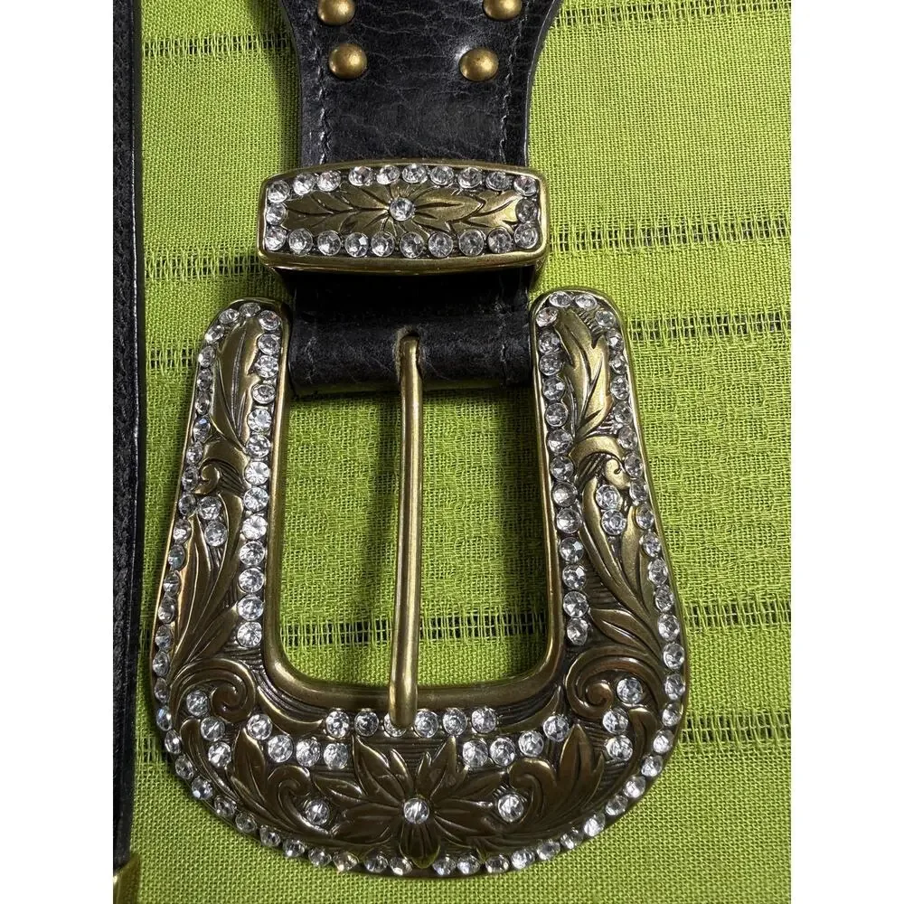 Vintage GUESS Y2K Western Concho Belt Black Elastic Rhinestone Studded Cinch S/M